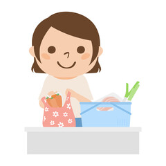 持ってきたマイバッグに買ったものを入れてる女性のイラスト。