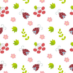 Endless seamless background with beetles, flowers and twigs. Children's pattern with ladybirds in nature. Background for Wallpaper, children's room, textiles, clothing, books, covers.