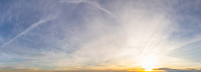 Fototapeta premium Beautiful Panoramic View of Cloudscape during a colorful sunset or sunrise. Taken on the West Coast of British Columbia, Canada.