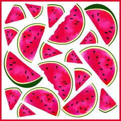 Vector set : square pattern with red fresh slices of watermelon in white. Colorful, jucy summer design for textile shawl, card, poster.