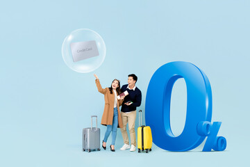 Young Asian couple tourists ready to fly with 0% installment payment credit card promotion