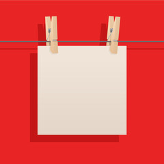 Offer or greeting card template - note paper hanging on clothes pins on red background - vector illustration for text message 