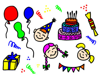 Color set on the theme of a children's birthday party in the style of Doodle, vector image