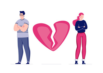 The concept of breaking the love relationship. Divorce. Former couple. Conflict between lovers. Broken heart. Parting a heterosexual couple. Vector. Illustration in a flat cartoon style.