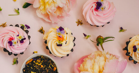 Pink peonies, cream cakes and flower tea - Powered by Adobe