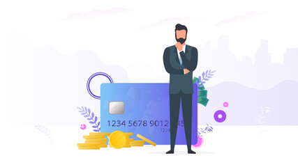 Successful businessman with money. Credit card, gold coins, dollars. Profit growth concept. Banner on the theme of finance. Vector.
