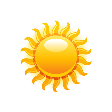Sun icon. Vector summer sunshine illustration. Sunrise graphic with yellow heat weather symbol. Hot light sun shape. Day, morning, sunset design isolated on white. Abstract gold sunny sign isolated