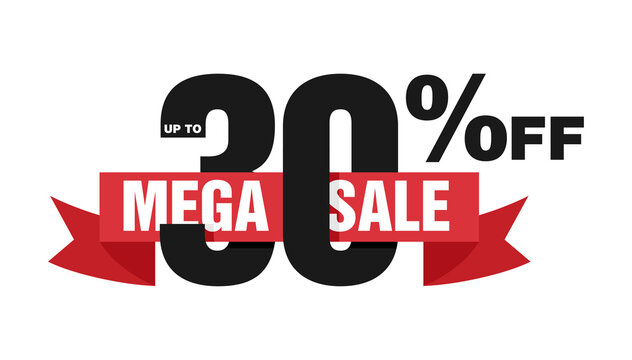Mega sale up to 30 off - promo badge with ribbon and special offer info - isolated vector element for banner, poster, sticker