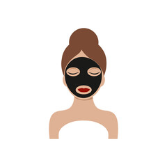 A beautiful girl with a towel turban on her head and a black mask on her face. Logo of a beauty salon, medical center, cosmetology. Vector stylized flat image