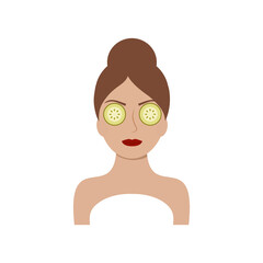 Beautiful girl with a mask of cucumbers on her eyes and face. Logo of a beauty salon, cosmetologist, masseur. Vector illustration for a banner.