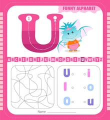 Letter U and funny cartoon bat. Alphabet a-z. Coloring page. Printable worksheet.