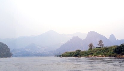 Morning landscape with mountains and river Mekong, Laos