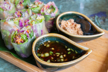 Healthy fresh vegetable spring rolls serving