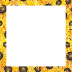 Watercolor seamless frame with sunflowers head, summer illustration
