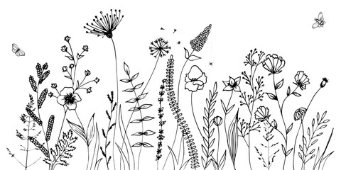 Black silhouettes of grass, flowers and herbs isolated on white background. Hand drawn sketch flowers and insects. © barberry
