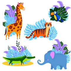 set of cute animals isolated on white background vector, children's cartoon style illustrations, giraffe, elephant, Toucan, crocodile,tiger