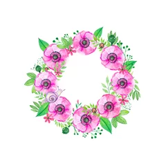 Fotobehang Bloemen Aquarel zomerkrans met roze bloemen, takken, bladeren, insecten