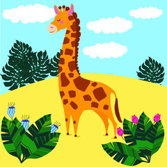 Fototapeta premium giraffe sky flowers vector illustration cartoon style