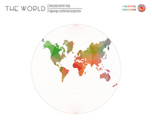 Naklejka premium Triangular mesh of the world. Lagrange conformal projection of the world. Colorful colored polygons. Energetic vector illustration.