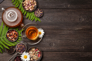 Various herbal tea, teapot and cup