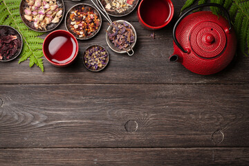 Various herbal tea, teapot and cup