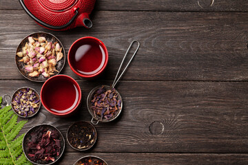 Various herbal tea, teapot and cup