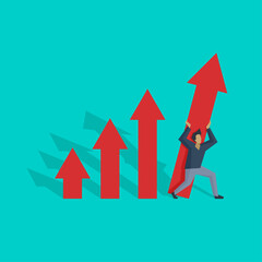 Man holds chart arrow up - illustration of corporative menegement, business strategy
