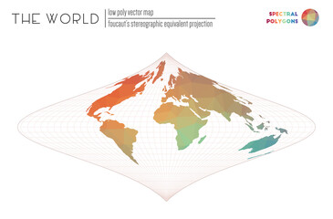 Polygonal world map. Foucaut's stereographic equivalent projection of the world. Spectral colored polygons. Awesome vector illustration.