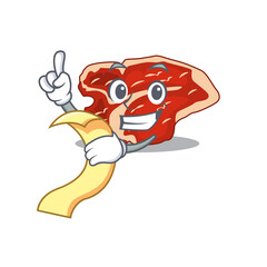 T-bone mascot character style with food and beverage menu on his hand