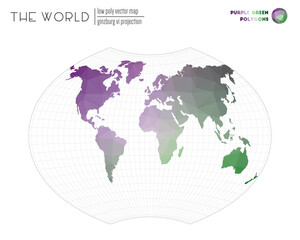 Vector map of the world. Ginzburg VI projection of the world. Purple and green colored polygons. Modern vector illustration.