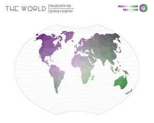 Vector map of the world. Ginzburg VI projection of the world. Purple Green colored polygons. Modern vector illustration.