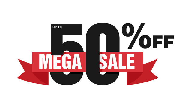 Mega sale up to 50 off - promo badge with ribbon and special offer info - isolated vector element for banner, poster, sticker