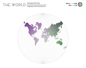 Abstract world map. Lagrange conformal projection of the world. Purple Green colored polygons. Modern vector illustration.