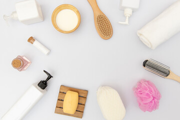 Fototapeta na wymiar top view of spa treatment hygiene objects isolated on white background