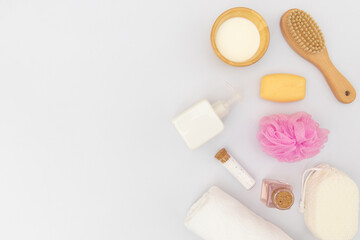 top view of spa treatment hygiene objects isolated on white background