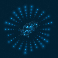 Ibiza digital map. Glowing rays radiating from the island. Network connections and telecommunication design. Vector illustration.