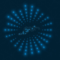 Tortola digital map. Glowing rays radiating from the island. Network connections and telecommunication design. Vector illustration.