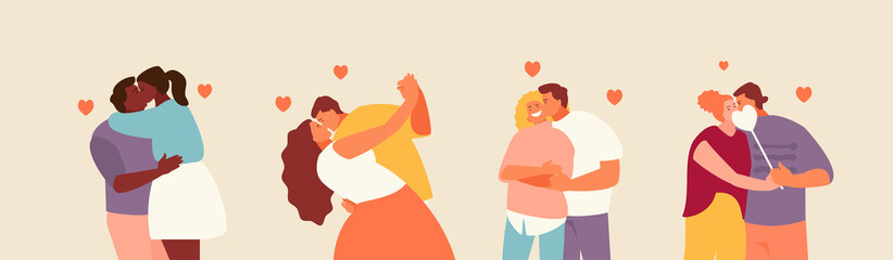 Group of romantic kissing couples. Valentines day, date and love. Vector characters