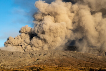 Spectacular view of Mount Aso (largest active volcano in Japan) venting ashes before explosion. Date: 05/11/19. Kumamoto Prefecture, Kyushu, Japan.