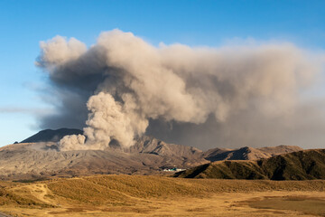 Dramatic view Mount Aso (largest active volcano in Japan - 1592m.) venting ashes before explosion. Date: 05/11/19. Kumamoto Prefecture, Kyushu, Japan.