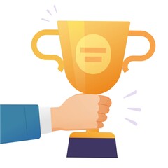 Winner success award gold cup vector or champion business man person holding in hand prize achievement reward trophy flat cartoon isolated on white background