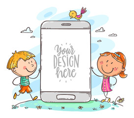 Kids with mobile phone with a blank space for your text or image, colorful vector illustration