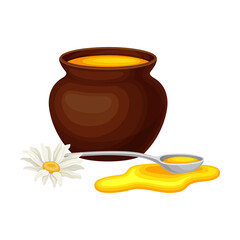 Ceramic Pot with Honey and Daisy Flower Rested Nearby Vector Illustration