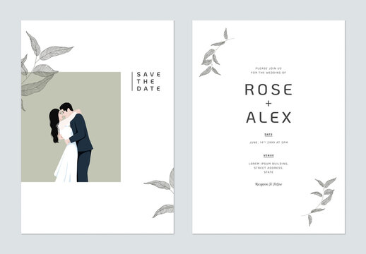 Minimalist, foliage wedding invitation card template design, wedding photo decorated with hand drawn eucalyptus leaves