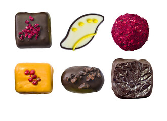 Dreams of a sweet tooth. Six handmade chocolates on a white background.
Candy set. Set for design, templates, and menus
