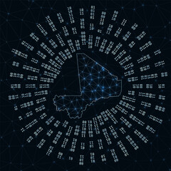 Mali digital map. Binary rays radiating around glowing country. Internet connections and data exchange design. Vector illustration.