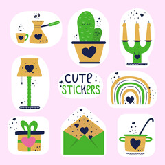 Set of cute stickers. Objects, symbols and sings for task scheduler, organizer or diary. Candles, envelope, cactus, rainbow, saucepan, gift, coffee cup and pot, lamp.
