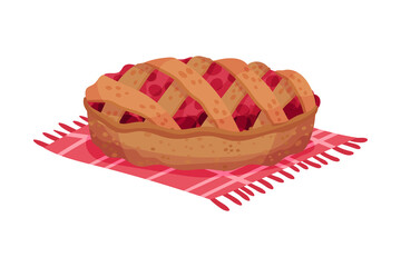 Baked Pie with Berry Filling or Stuffing Rested on Napkin Vector Illustration