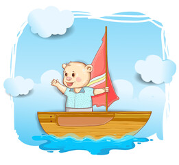 cute bear sailor on the boat cartoon hand drawn, cover design, wallpaper, children book, vector cartoon illustration