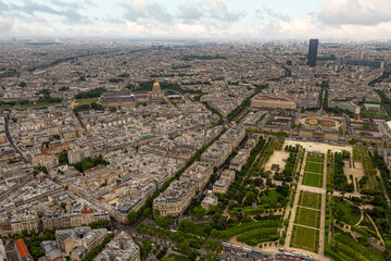 Aerial Paris panorama view front Eiffel tower throughout glass lift window, France